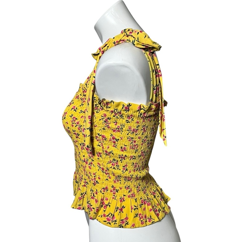 American Eagle Outfitters Floral Smocked Crop Top Size Medium Yellow/Pink - Picture 2 of 5